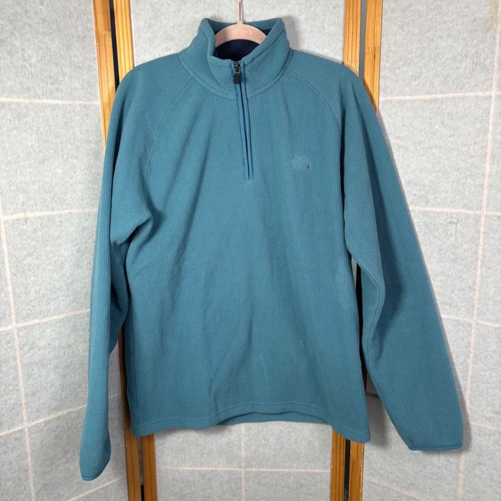The North Face Pullover Medium Teal Blue Waffle Knit Grid Fleece 1/4 Zip Mens